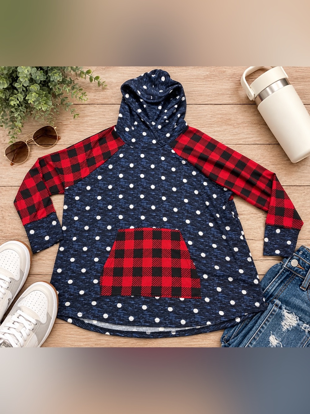 LuLaRoe 3XL Navy Polka Dot Red Buffalo Plaid Hoodie Pullover